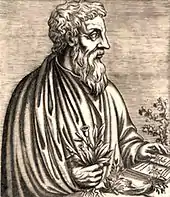 an ancient Greek black-and-white woodcut print of a middle aged bearded man. His left hand rests on a book and in his right he holds a plant.