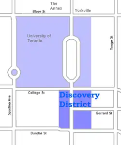 The area on University Avenue is the core of the Discovery District. The campus of the University of Toronto to the north can also be included