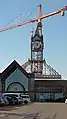 The original clock tower over the centre court being dismantled in 2014