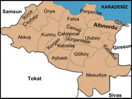 Map showing Korgan District in Ordu Province