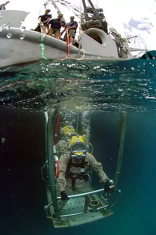  A split image showing surface-supplied divers wearing lightweight helmets on an underwater platform holding on to the railings. The photo also shows the support vessel above the surface in the background.