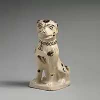 Very early dog, c. 1745, salt-glazed stoneware, c. 8.5 inches tall