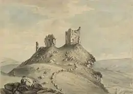 A painting of the castle from the west. It has a brown tint, possibly from age.