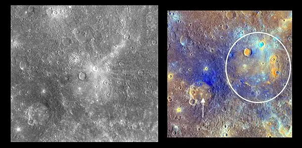 Homer basin is marked with a white circle in the enhanced-color image. Nearby Titian crater is marked with an arrow.