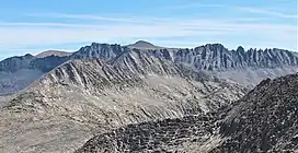 Camera pointed northeast, showing Donohue Peak, then Mount Andrea Lawrence, and then Blacktop Peak furthest in back centered at top.