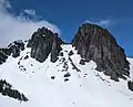 Double Peak (left) and Double Peak-Northeast Summit (right) as viewed from the southeast