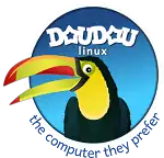 The logo for DoudouLinux showing a toucan in a blue circle with the words "the computer they prefer" below the circle