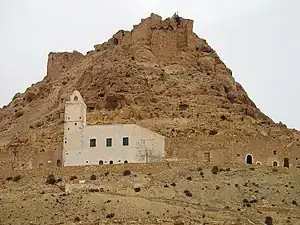 Ruined Berber village of Douiret, with its prominent mosque. Photographed by Andy Carvin in November 2005.