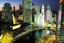 Former Chicago Sun-Times headquarters with Wrigley Building and Tribune Tower