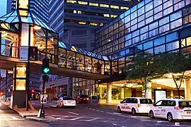 Pedestrian skybridge connects Copley Place mall (at right) to Prudential Center shops