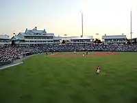 A view from right field of the seating bowl and grandstand at the ballpark