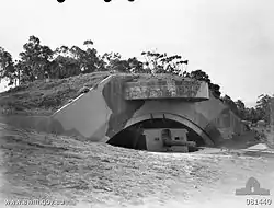 Black and white photograph of a concrete fortification