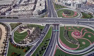 Aerial view of the interchange between Al Qutaeyat Road and Zabeel Road; Zabeel Park is on the left