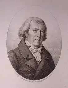 A printed portrait in black ink of a middle-aged white man in early 19th century dress