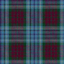 A fairly complex divided-check tartan primarily of azure, maroon, and green with white and black over-checks