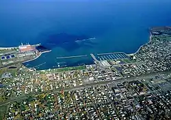 Aerial view of Dunkirk, facing north over Lake Erie