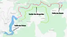 A map highlighting the locations of tourist sites along the Durolle River, including the Vallée des Usines, the Margeride Trail, and the Vallée des Rouets.