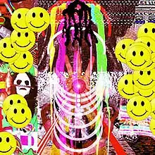 A collage of smiley faces and psychedelic colors collide in the cover art.