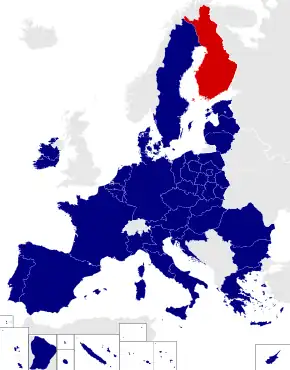 Map of the European Parliament constituencies with Finland highlighted in red