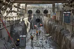 Portals for the four tunnels under Sunnyside Yard in Queens. There are three tunnels on the upper level and a fourth tunnel on the lower level.