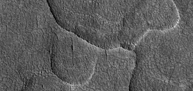 Close-up of scalloped ground, as seen by HiRISE under HiWish program. Surface is divided into polygons; these forms are common where ground freezes and thaws. Note: this is an enlargement of a previous image.