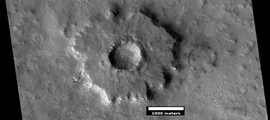 Pedestal crater, as seen by HiRISE under HiWish program.  Top layer has protected the lower material from being eroded.