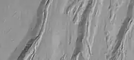 Close-up of gullies showing streamlined forms in channels, as seen by HiRISE under HiWish program Note: this is an enlargement of a previous image.