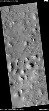 Wide view of layered buttes and small mesas, as seen by HiRISE under HiWish program Some dark slope streaks are visible.  Location is Aeolis quadrangle.  Parts of this image are enlarged in next three pictures.