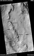 Wide view of layers and gullies, as seen by HiRISE under HiWish program Arrows point to small gullies.