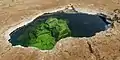 Water of Lake Karum, visible through a hole in the salt flat