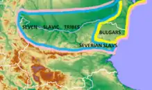 Zones of control by Slavic tribes and Bulgars in the late 7th century