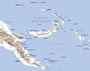 Map of Papua and New Guinea. The Huon Peninsula juts out pointing towards New Britain