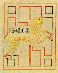 St Mark as the lion as depicted in the Echternach Gospels, c. 800, Hiberno-Saxon.