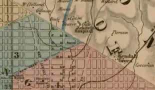 Eckington Hospital and Kendall Green on an 1862 map of Washington City