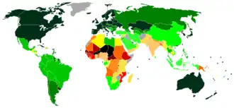 Image 18World map indicating Education Index (2007/2008 Human Development Report)  0.950 and over  0.900–0.949  0.850–0.899  0.800–0.849  0.750–0.799  0.700–0.749  0.650–0.699  0.600–0.649  0.550–0.599  0.500–0.549  0.450–0.499  0.400–0.449  0.350–0.399  under 0.350  not available (from History of education)