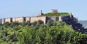 Photo of a medieval fortress on top a wooded hill