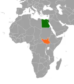 Map indicating locations of Egypt and South Sudan