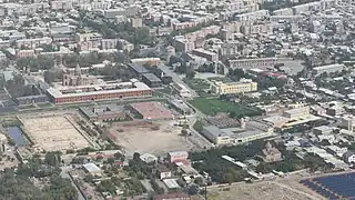 An aerial view of St. Gayane (lower right) and Etchmiadzin Cathedral