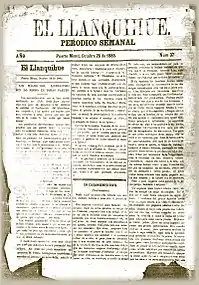 Front page of El Llanquihue's 29 October 1885 edition.