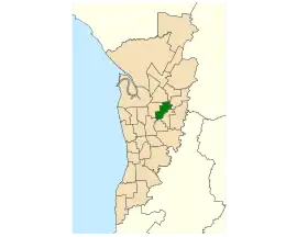 Map of Adelaide, South Australia with electoral district of Torrens highlighted