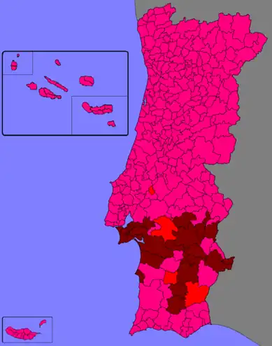 Strongest candidate by municipality: Eanes - magenta; Otelo - dark red; Octávio Pato - red.