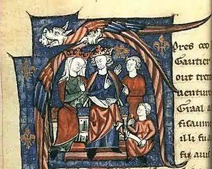 Eleanor and Henry, crowned and seated, surrounded by two other figures.