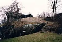 Klippan from the landward side, with both the Toppsockerfabrik and preserved ruins of Älvsborg visible.