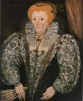 Elizabeth I wearing free-stitched blackwork sleeves, stomacher, and collar (beneath a sheer linen ruff), c. 1590