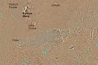 Map of Elysium quadrangle. Elysium Mons and Albor Tholus are large volcanoes.  Eddie crater is at the left.