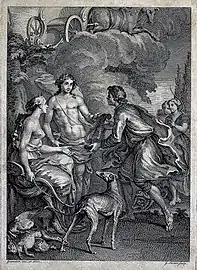 Gérard Jean-Baptiste II Scotin after Hubert-François Gravelot. Frontispiece in "The Chace. A Poem" by William Somervile, 1735