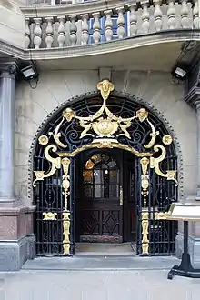 Entrance to The Philharmonic Dining Rooms, the iron gates are a rare use in Liverpool of the Art Nouveau style(1900; Grade II*)