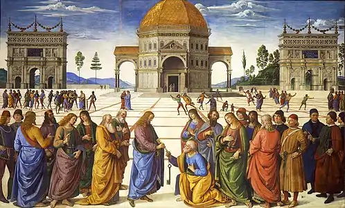 The Delivery of the Keys fresco, 1481–1482, Sistine Chapel, by Perugino (1481–1482), features both linear perspective and Brunelleschi's architectural style