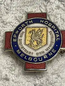 General Nursing Badge awarded to graduates of the Epworth Hospital General Nursing School (1924–1988). This particular design features a wyvern and the motto Non ministrari sed ministrare (not to be served but to serve). The design was adopted for use by nursing training schools established by the Methodist Church in Adelaide (Memorial Hospital) and Sydney (Waverly War Memorial Hospital).