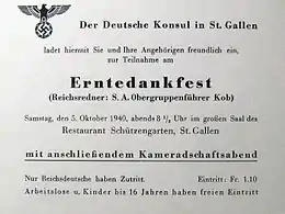 Thanksgiving 1940 evening invite by German consul in St. Gallen